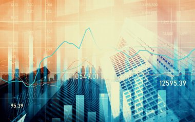 Financial graphs and digital indicators overlap with modernistic urban area, skyscrabber for stock market business concept. Double exposure.