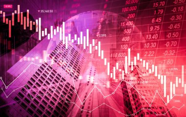 Stock market crash, declined economic, graph falling down and digital indicators overlaps modernistic city. Double exposure.