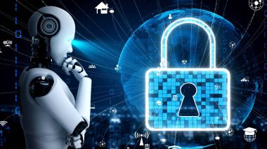 AI robot huminoid uses cloud computing technology to store data on online server . Futuristic concept of cloud information storage analyzed by machine learning process . 3D rendering .