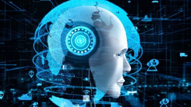 Futuristic robot artificial intelligence huminoid AI transportation analytic technology development and machine learning concept. Global robotic science research for future of human . 3D rendering.