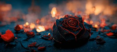 Heartbroken concept by half burnt rose leaving some into black ashes and embers. Digital art 3D illustration.