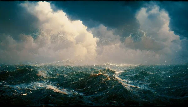Spectacular background image of stormy ocean with rough and danger wave. Dark sky and cloudy. Digital art 3D illustration.