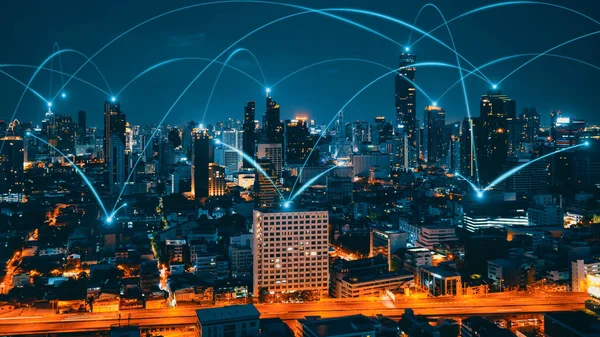 Şehir Üzerinde Bağlantı Ağı Karşılıklılığına Sahip Akıllı Dijital Şehir Şehirdeki — Stok fotoğraf
