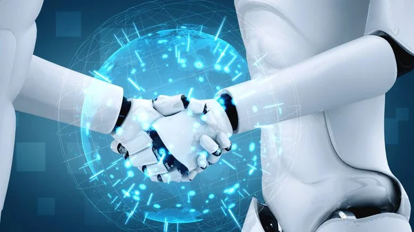 Rendering Hominoid Robot Handshake Collaborate Future Technology Development Thinking Brain — Foto de Stock