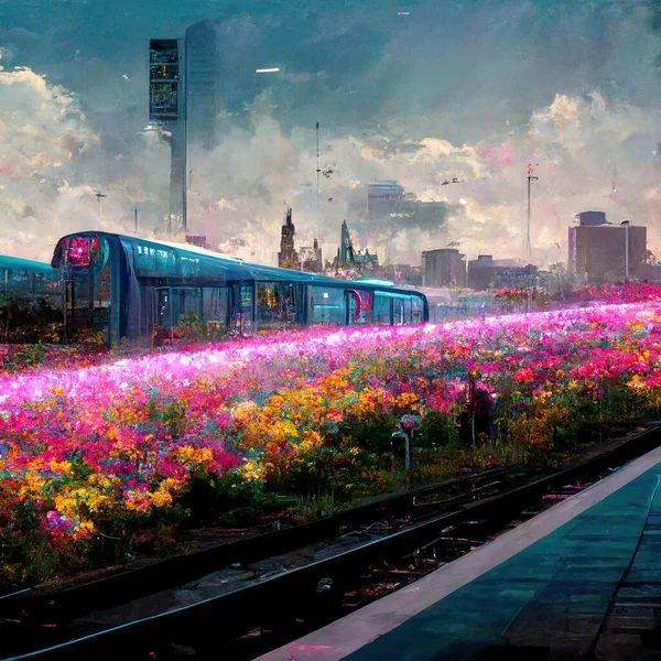 Spectacular flower garden in the suburbs of a futuristic cyberpunk city with a nearby train track and a futuristic train, neon glow lights. Digital 3D illustration.