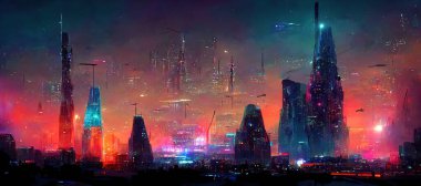 Nighttime in cyberpunk city of the futuristic fantasy world features skyscrapers, flying cars, and neon lights. Digital art 3D illustration. Acrylic painting.