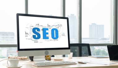 Model e-ticaret için SEO arama motoru optimizasyonu ve bilgisayar ekranında gösterilen çevrimiçi perakende işi