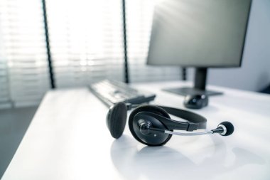 Essential equipment concept for competent online operators, call service agents, or online working. Customer service equipment, as well as helpdesk tools.
