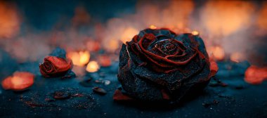 Heartbroken concept by half burnt rose leaving some into black ashes and embers. Digital art 3D illustration.