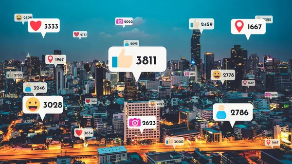 Social media icons fly over city downtown showing people reciprocity connection through social network application platform . Concept for online community and social media marketing strategy .