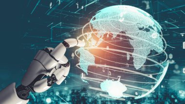 Gelecekçi robot yapay zeka devrimci yapay zeka teknoloji geliştirme ve makine öğrenme kavramı. İnsan hayatının geleceği için küresel robot biyonik bilim araştırması. 3B görüntüleme grafiği.