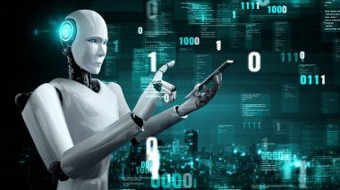 Futuristic robot artificial intelligence huminoid AI programming coding technology development and machine learning concept. Robotic bionic science research for future of human life. 3D rendering.