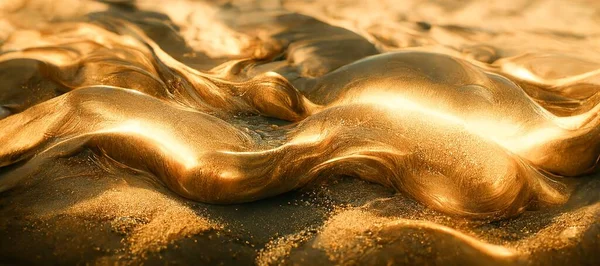 Spectacular abstract glistening golden solid liquid waves like liquid gold or solid yellow water. Digital 3D illustration.