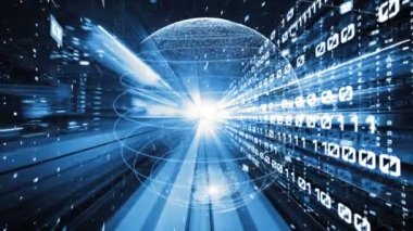 Fütürist küresel ağ ve dijital veri transferi 3D grafik. Yeni bilgi çağındaki küresel eğilimleri değiştiren akıllı dijital dönüşüm ve teknoloji bozulması kavramı .