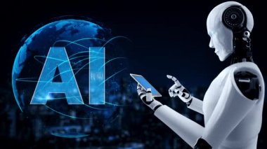 Robot hominoidler, 4. Sanayi Devrimi için yapay zeka ve makine öğrenme süreci kavramında cep telefonu veya tablet kullanırlar. 3B görüntüleme.