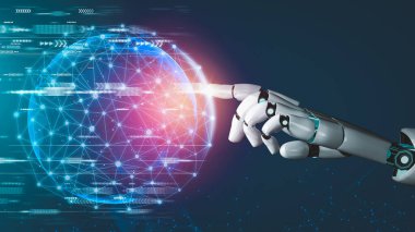 Gelecekçi robot yapay zeka devrimci yapay zeka teknoloji geliştirme ve makine öğrenme kavramı. İnsan hayatının geleceği için küresel robot biyonik bilim araştırması. 3B görüntüleme grafiği.