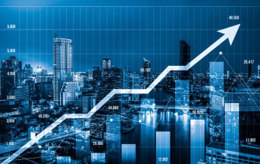Stock market business concept. Financial graphs and digital indicators with modernistic urban area and skyscrapers as background. Double Exposure.