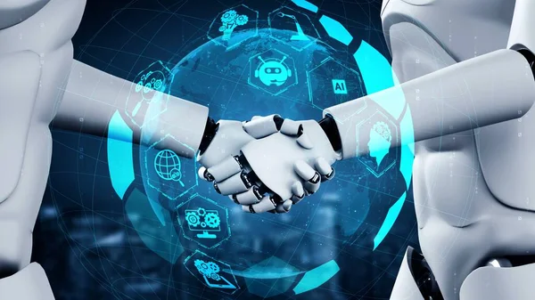 Rendering Hominoid Robot Handshake Collaborate Future Technology Development Thinking Brain — Foto de Stock