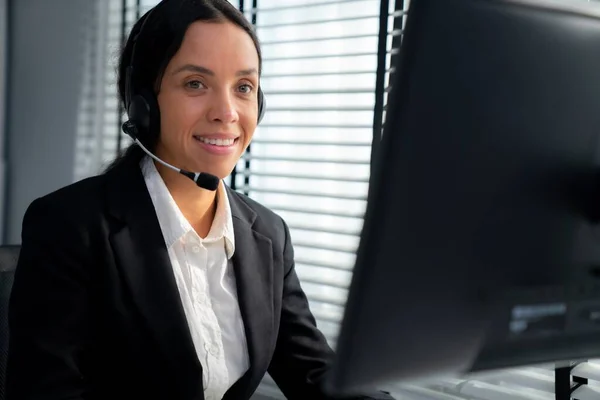 Competent Female Operator Working Computer Talking Clients Concept Relevant Both — Photo