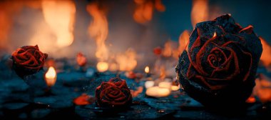 Heartbroken concept by half burnt rose leaving some into black ashes and embers. Digital art 3D illustration.