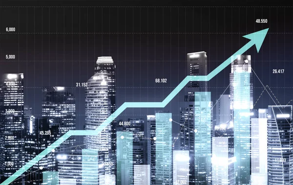 Stock market business concept. Financial graphs and digital indicators with modernistic urban area and skyscrapers as background. Double Exposure.