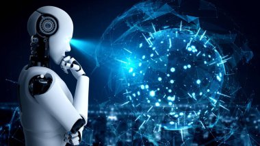 Thinking AI hominoid robot analyzing hologram screen shows concept of network global communication using artificial intelligence by machine learning process. 3D rendering computer graphic.