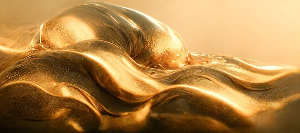 Spectacular abstract glistening golden solid liquid waves like liquid gold or solid yellow water. Digital 3D illustration.