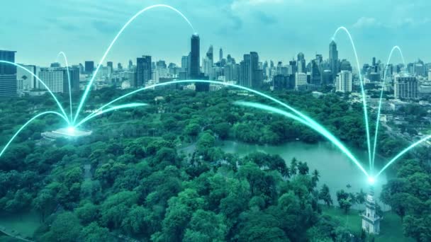 Kota Digital Cerdas Dengan Hubungan Timbal Balik Jaringan Atas Pemandangan — Stok Video