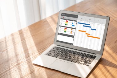 Ekip projesinin zaman çizelgesini gösteren bilgisayar ekranında, modern iş projesi yönetimi için proje planlama yazılımı