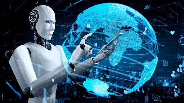 Internet Connection Controlled Robot Huminoid Machine Learning Process Analyze Data — Stock Photo, Image