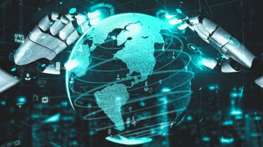 Gelecekçi robot yapay zeka yapay zeka yapay zekayı aydınlatıyor ve makine öğrenme kavramını geliştiriyor. İnsan hayatının geleceği için küresel robot biyonik bilim araştırması. 3B görüntüleme grafiği.