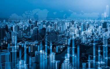 Financial graphs and digital indicators overlap with modernistic urban area, skyscrabber for stock market business concept. Double exposure.