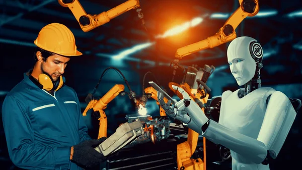 Cybernated Industry Robot Human Worker Working Together Future Factory Concept — Fotografia de Stock