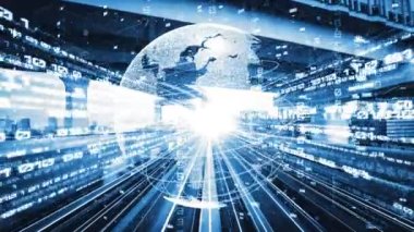 Fütürist küresel ağ ve dijital veri transferi 3D grafik. Yeni bilgi çağındaki küresel eğilimleri değiştiren akıllı dijital dönüşüm ve teknoloji bozulması kavramı .