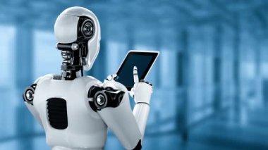 Büyük veri analizi için tablet bilgisayar kullanan robot insansı yapay zeka, yapay zeka ve 4. endüstriyel devrim için makine öğrenme yöntemlerini kullanıyor. 3B görüntüleme.