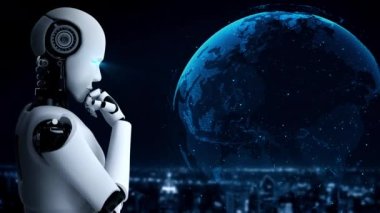 AI robot huminoid uses cloud computing technology to store data on online server . Futuristic concept of cloud information storage analyzed by machine learning process . 3D rendering .