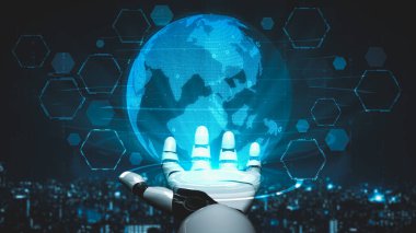 Gelecekçi robot yapay zeka yapay zeka yapay zekayı aydınlatıyor ve makine öğrenme kavramını geliştiriyor. İnsan hayatının geleceği için küresel robot biyonik bilim araştırması. 3B görüntüleme grafiği.