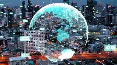 Akıllı şehirde küresel bağlantı ve internet ağı değişikliği. Gelecekteki kablosuz dijital bağlantı ve sosyal medya ağı kavramı .