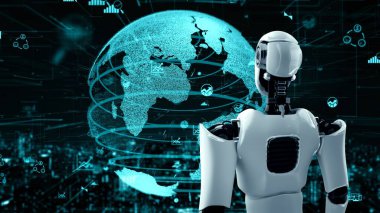 Future financial technology controll by AI robot huminoid uses machine learning and artificial intelligence to analyze business data and give advice on investment and trading decision . 3D rendering .