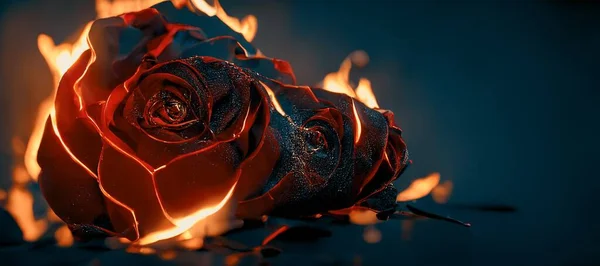 Heartbroken concept by spectacular fresh rose petals on fire, leaving some into black ashes and embers. Digital art 3D illustration.