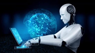 Robot hominoidler, 4. Sanayi Devrimi için yapay zeka, yapay zeka ve makine öğrenme yöntemlerini kullanarak küresel ağ bağlantıları için masada oturuyorlar. 3B görüntüleme.