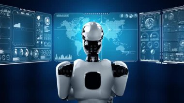 Yapay zeka hominoid robotunun hologram ekranını analiz etmesi, makine öğrenme süreciyle yapay zeka kullanarak büyük veri analizi yaptığını gösteriyor. 3B görüntüleme.