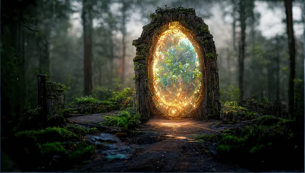 Spectacular fantasy scene with a portal archway covered in creepers. In the fantasy world, ancient magical stone gate show another dimension. Digital art 3D illustration.