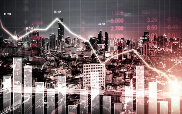 Economic crisis concept shown by digital indicators and graphs falling down with modernistic urban, city area. Double exposure. Stock market crash concept.