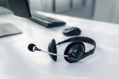 Essential equipment concept for competent online operators, call service agents, or online working. Customer service equipment, as well as helpdesk tools.
