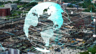 Otomasyon konseptini ve uzaktan kablosuz makine kontrolünü gösteren bir bilgisayar yazılımında fütüristik HUD kullanarak inşaat teknolojisi konsepti üzerinde değişiklik grafiği içeren konsept .