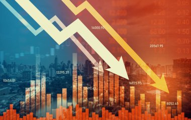 Economic crisis concept shown by declining graphs and digital indicators overlap modernistic city background. Double exposure.