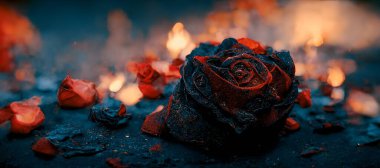 Heartbroken concept by half burnt rose leaving some into black ashes and embers. Digital art 3D illustration.
