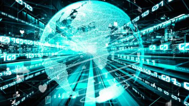 Fütürist küresel sosyal medya, insanlar iletişim ağı ve dijital veri paylaşımı kuruyor. Yeni bilgi çağındaki küresel eğilimleri değiştiren akıllı dijital dönüşüm ve teknoloji bozulması kavramı .