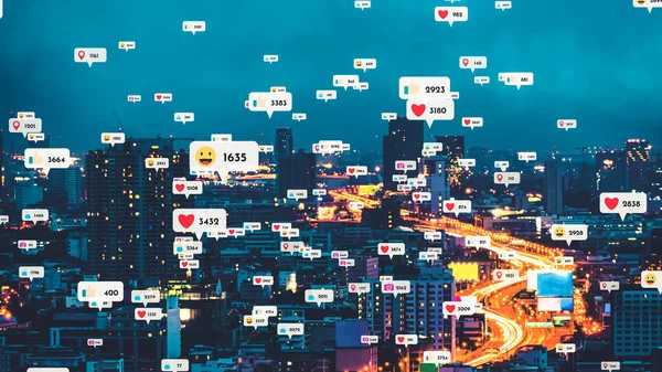 Social media icons fly over city downtown showing people reciprocity connection through social network application platform . Concept for online community and social media marketing strategy .